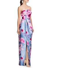 Kay Unger Mikado Floral Print Strapless Neck Sleeveless Pleated Sheath Gown