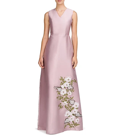 Kay Unger Mikado Placement Floral Print V Neck Sleeveless A-Line Gown