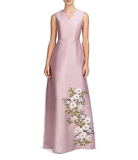 Kay Unger Mikado Placement Floral Print V Neck Sleeveless A-Line Gown