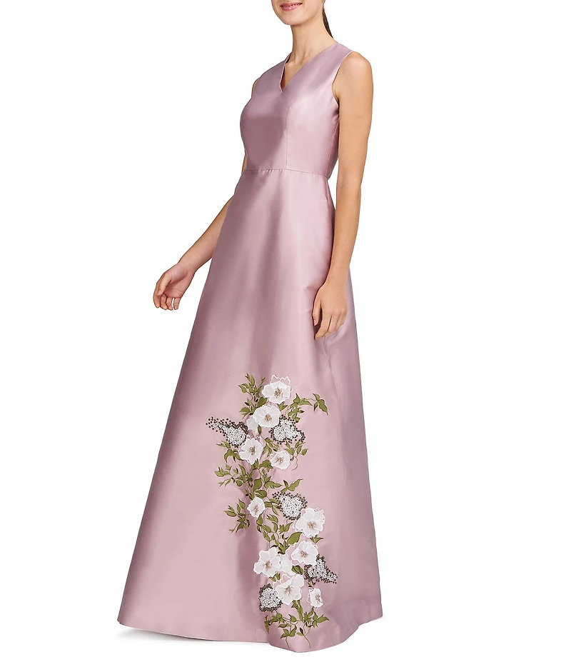 Kay Unger Mikado Placement Floral Print V Neck Sleeveless A-Line Gown