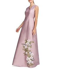 Kay Unger Mikado Placement Floral Print V Neck Sleeveless A-Line Gown