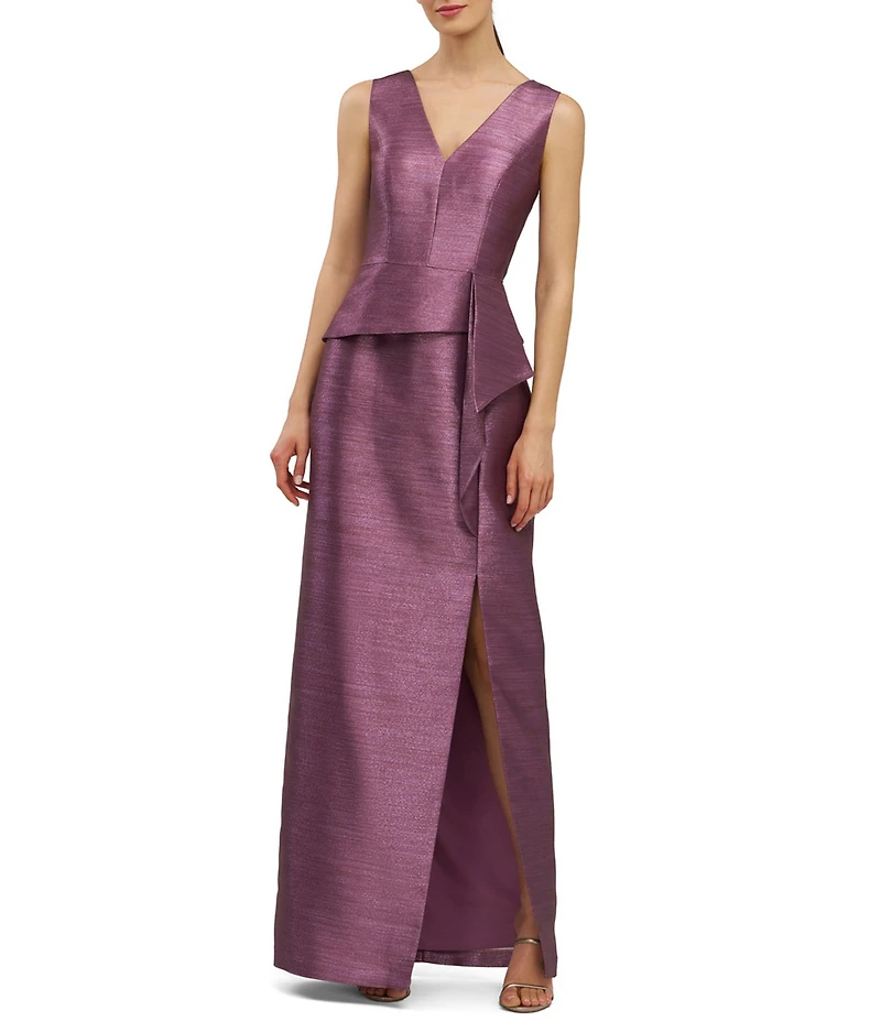 Kay Unger Octavia Metallic Peplum V-Neck Ruffle Column Gown