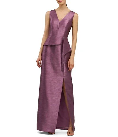 Kay Unger Octavia Metallic Peplum V-Neck Ruffle Column Gown