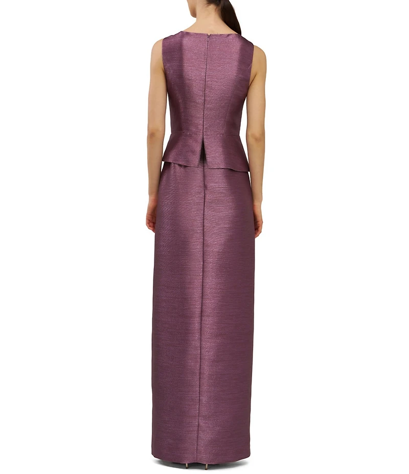 Kay Unger Octavia Metallic Peplum V-Neck Ruffle Column Gown