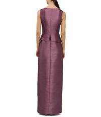 Kay Unger Octavia Metallic Peplum V-Neck Ruffle Column Gown