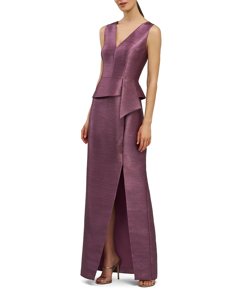 Kay Unger Octavia Metallic Peplum V-Neck Ruffle Column Gown