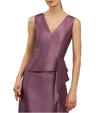Kay Unger Octavia Metallic Peplum V-Neck Ruffle Column Gown