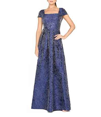 Kay Unger Ophelia Text Jacquard A Line Square Neck Gown