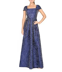 Kay Unger Ophelia Text Jacquard A Line Square Neck Gown