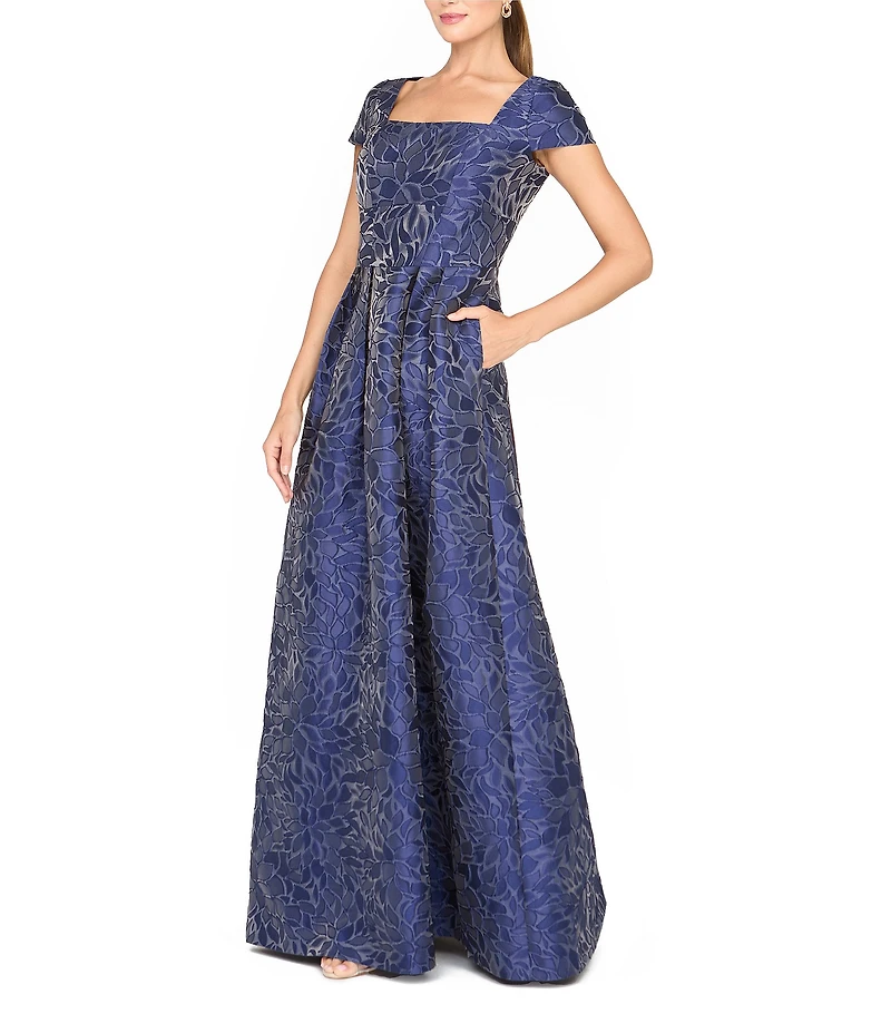 Kay Unger Ophelia Text Jacquard A Line Square Neck Gown