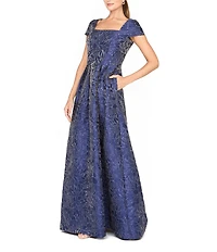 Kay Unger Ophelia Text Jacquard A Line Square Neck Gown