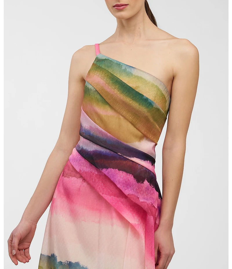 Kay Unger Organza Ombre Stripe One-Shoulder Pleated Ball Gown