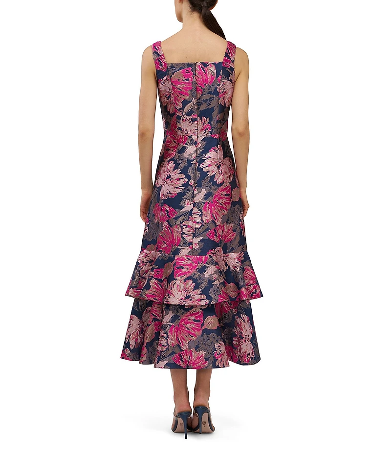 Kay Unger Paige Floral Jacquard Ruffle Tier Midi Dress