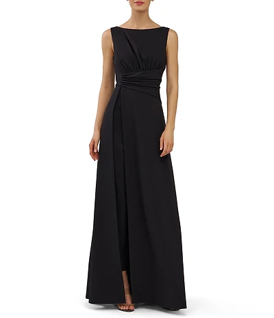 Kay Unger Palmer Walk Thru Sleeveless Crepe Boat Neck Pleat Detail Asymmetrical Waistband Jumpsuit