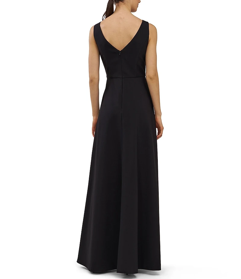 Kay Unger Palmer Walk Thru Sleeveless Crepe Boat Neck Pleat Detail Asymmetrical Waistband Jumpsuit