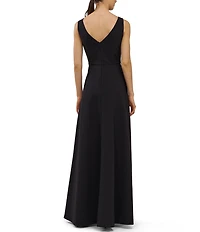 Kay Unger Palmer Walk Thru Sleeveless Crepe Boat Neck Pleat Detail Asymmetrical Waistband Jumpsuit
