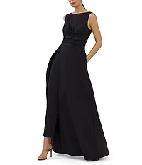 Kay Unger Palmer Walk Thru Sleeveless Crepe Boat Neck Pleat Detail Asymmetrical Waistband Jumpsuit