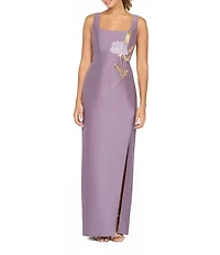 Kay Unger Paloma Stretch Mikado Floral Print Square Neck Column Gown