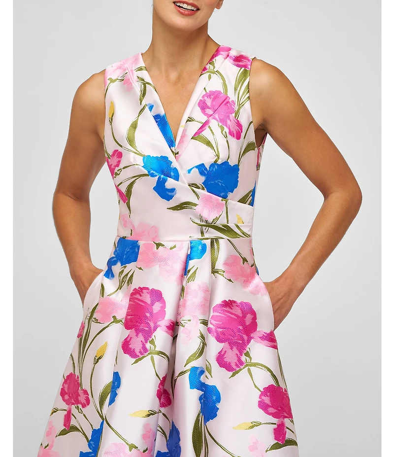 Kay Unger Payton Iris Jacquard Surplice V-Neck Sleeveless Pleated Floral Midi A-Line Gown