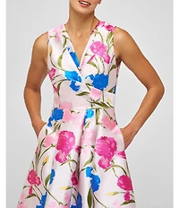 Kay Unger Payton Iris Jacquard Surplice V-Neck Sleeveless Pleated Floral Midi A-Line Gown