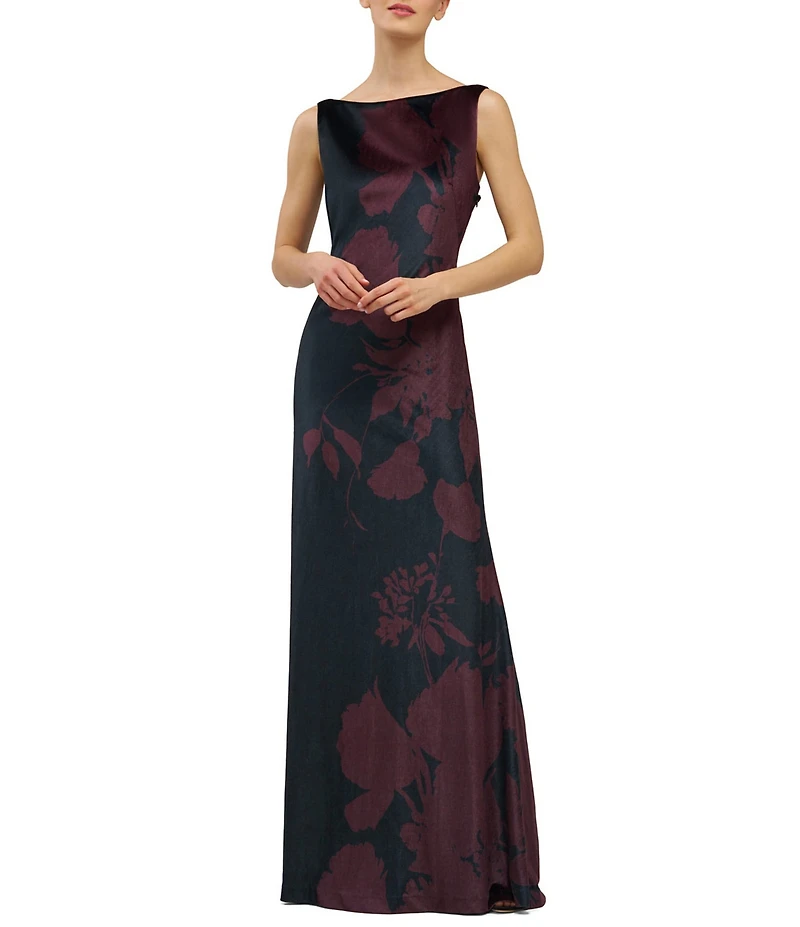 Kay Unger Pippa Boat Neck Floral Print Cowl Back Gown