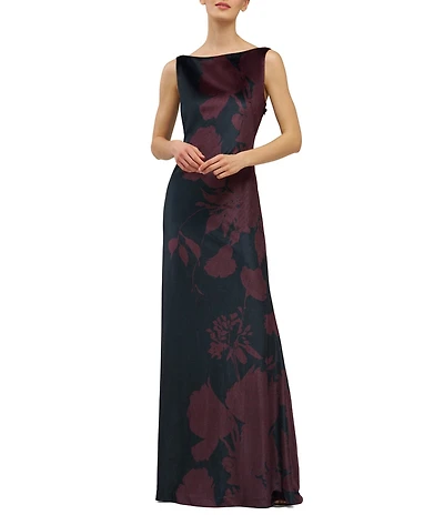 Kay Unger Pippa Boat Neck Floral Print Cowl Back Gown