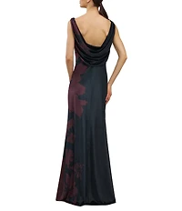 Kay Unger Pippa Boat Neck Floral Print Cowl Back Gown