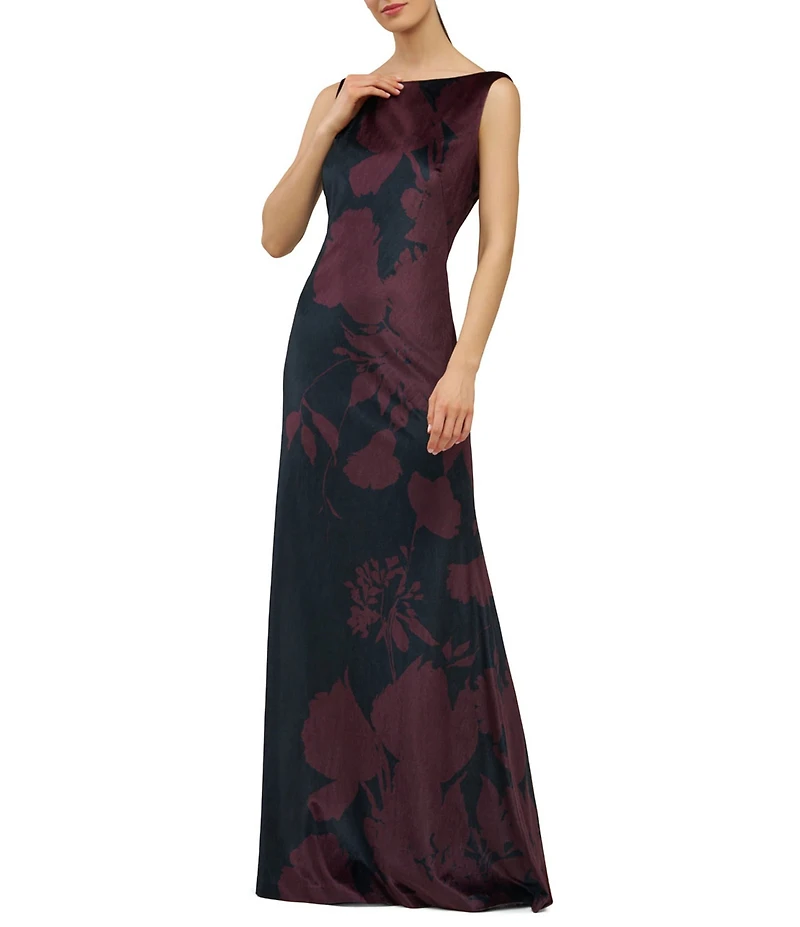Kay Unger Pippa Boat Neck Floral Print Cowl Back Gown