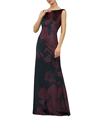 Kay Unger Pippa Boat Neck Floral Print Cowl Back Gown