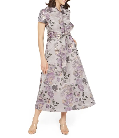 Kay Unger Robin Metallic Floral Jacquard Short Sleeve Midi Shirt Dress