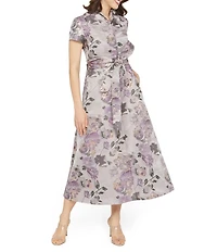 Kay Unger Robin Metallic Floral Jacquard Short Sleeve Midi Shirt Dress