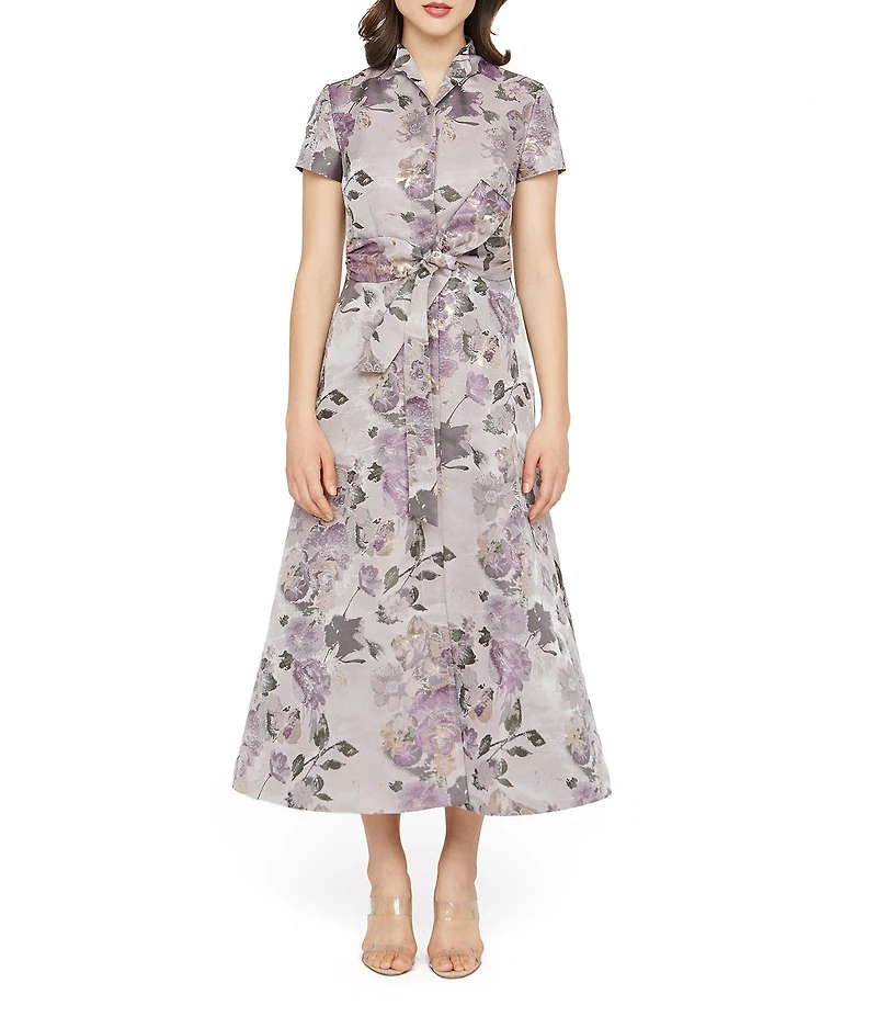 Kay Unger Robin Metallic Floral Jacquard Short Sleeve Midi Shirt Dress