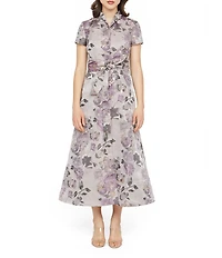 Kay Unger Robin Metallic Floral Jacquard Short Sleeve Midi Shirt Dress