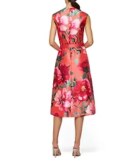 Kay Unger Rosemund V-Neck Cap Sleeve Belted Floral Print Mikado Midi Dress