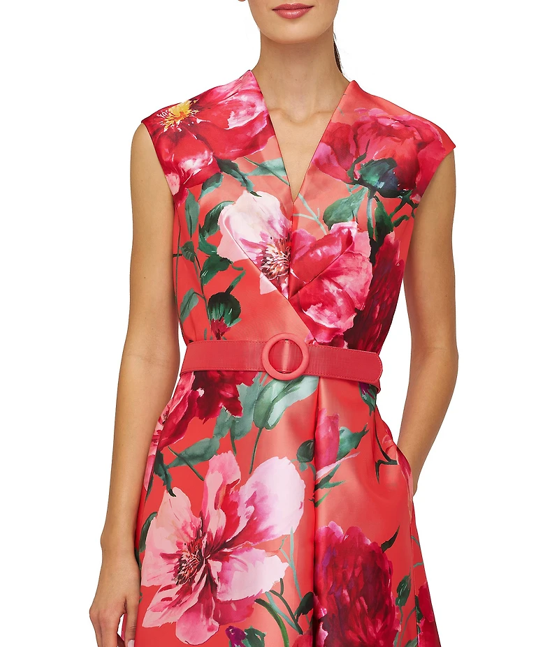 Kay Unger Rosemund V-Neck Cap Sleeve Belted Floral Print Mikado Midi Dress