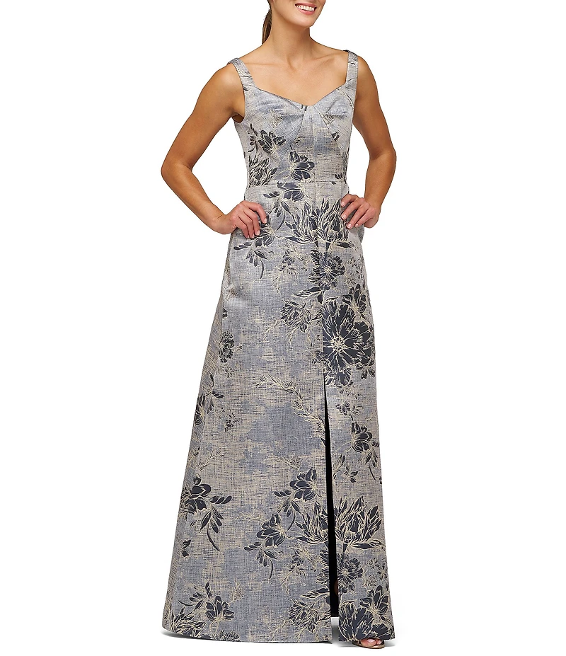 Kay Unger Scoop Neck Sleeveless Floral Jacquard Aline Gown