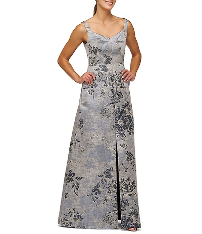 Kay Unger Scoop Neck Sleeveless Floral Jacquard Aline Gown