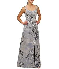 Kay Unger Scoop Neck Sleeveless Floral Jacquard Aline Gown