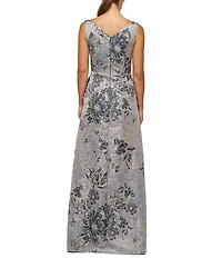 Kay Unger Scoop Neck Sleeveless Floral Jacquard Aline Gown