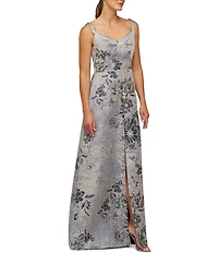 Kay Unger Scoop Neck Sleeveless Floral Jacquard Aline Gown