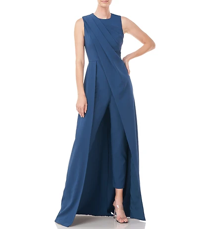 Kay Unger Sleeveless Draped Crew Neck Crepe Walk Thru Jumpsuit Gown