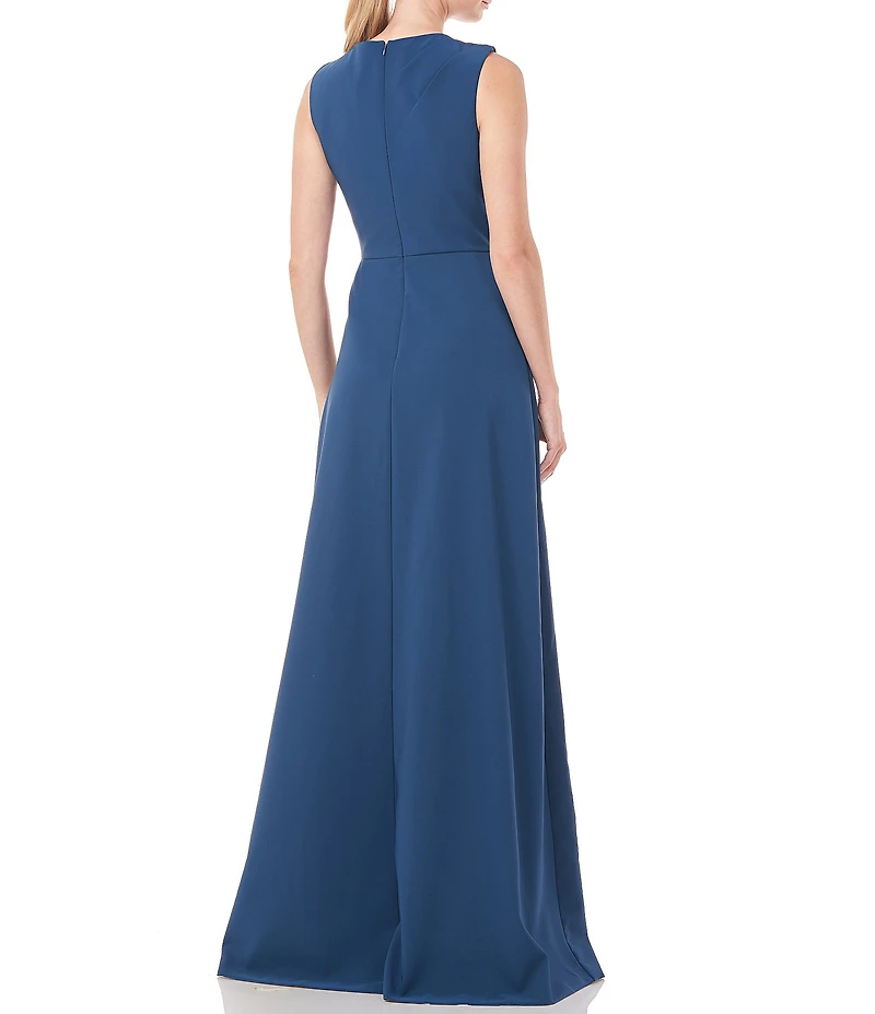 Kay Unger Sleeveless Draped Crew Neck Crepe Walk Thru Jumpsuit Gown