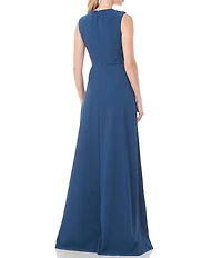 Kay Unger Sleeveless Draped Crew Neck Crepe Walk Thru Jumpsuit Gown