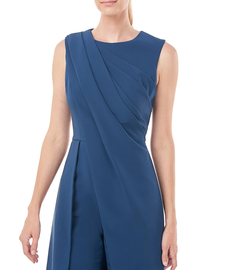Kay Unger Sleeveless Draped Crew Neck Crepe Walk Thru Jumpsuit Gown