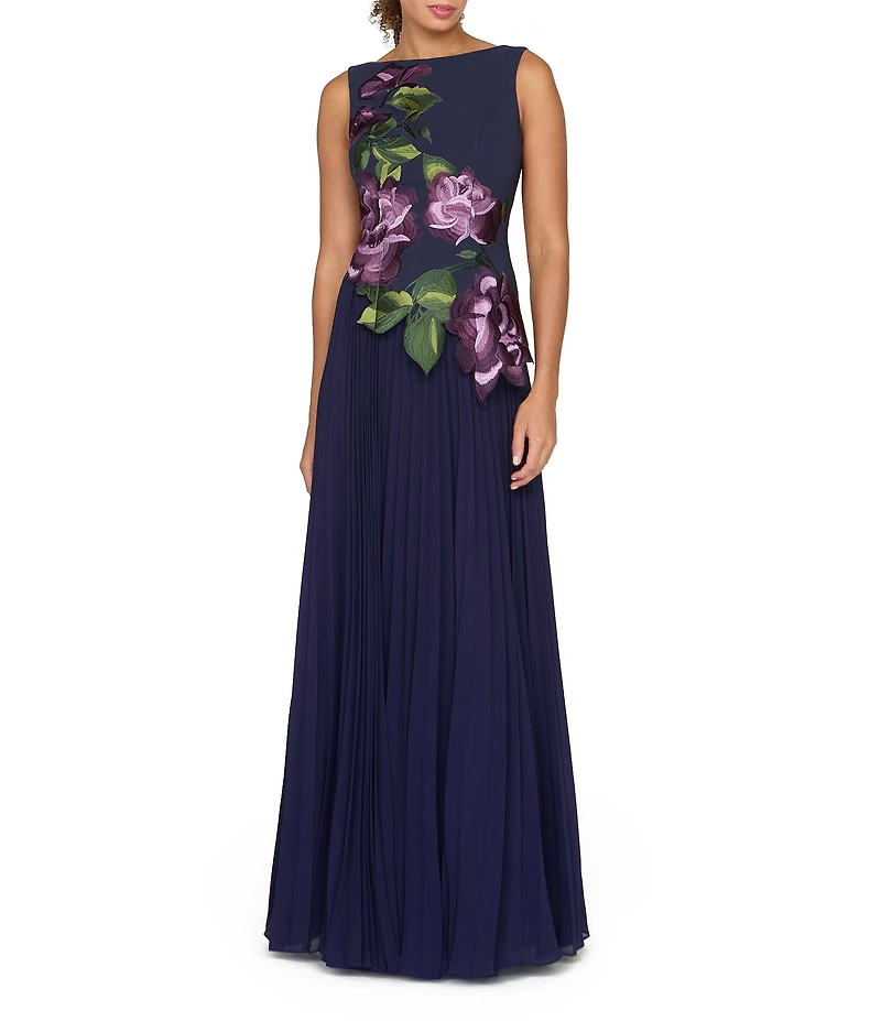 Kay Unger Sleeveless Embroidered Asymmetric Hem Long Gown