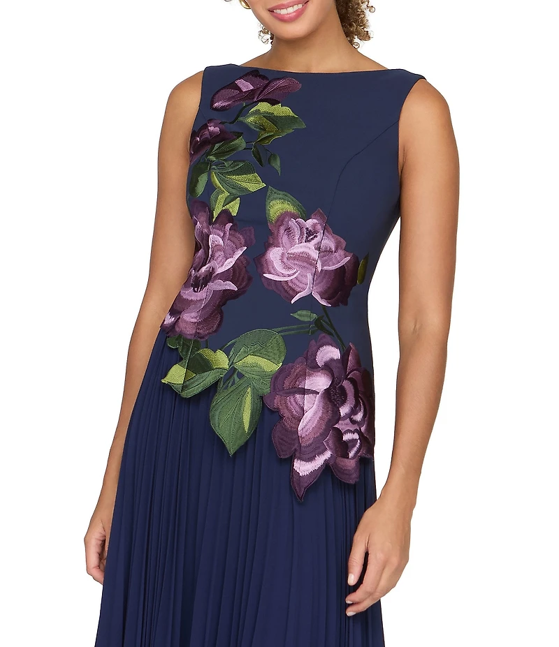 Kay Unger Sleeveless Embroidered Asymmetric Hem Long Gown