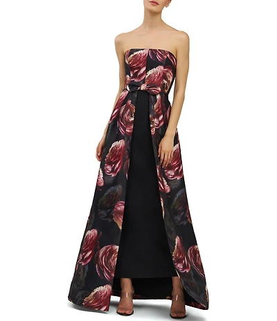 Kay Unger Strapless Bow Metallic Organza Floral Detail A-Line Gown