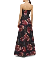 Kay Unger Strapless Bow Metallic Organza Floral Detail A-Line Gown