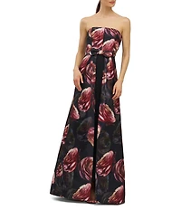 Kay Unger Strapless Bow Metallic Organza Floral Detail A-Line Gown