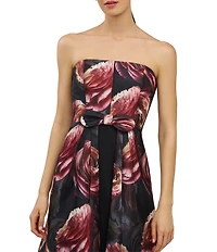 Kay Unger Strapless Bow Metallic Organza Floral Detail A-Line Gown